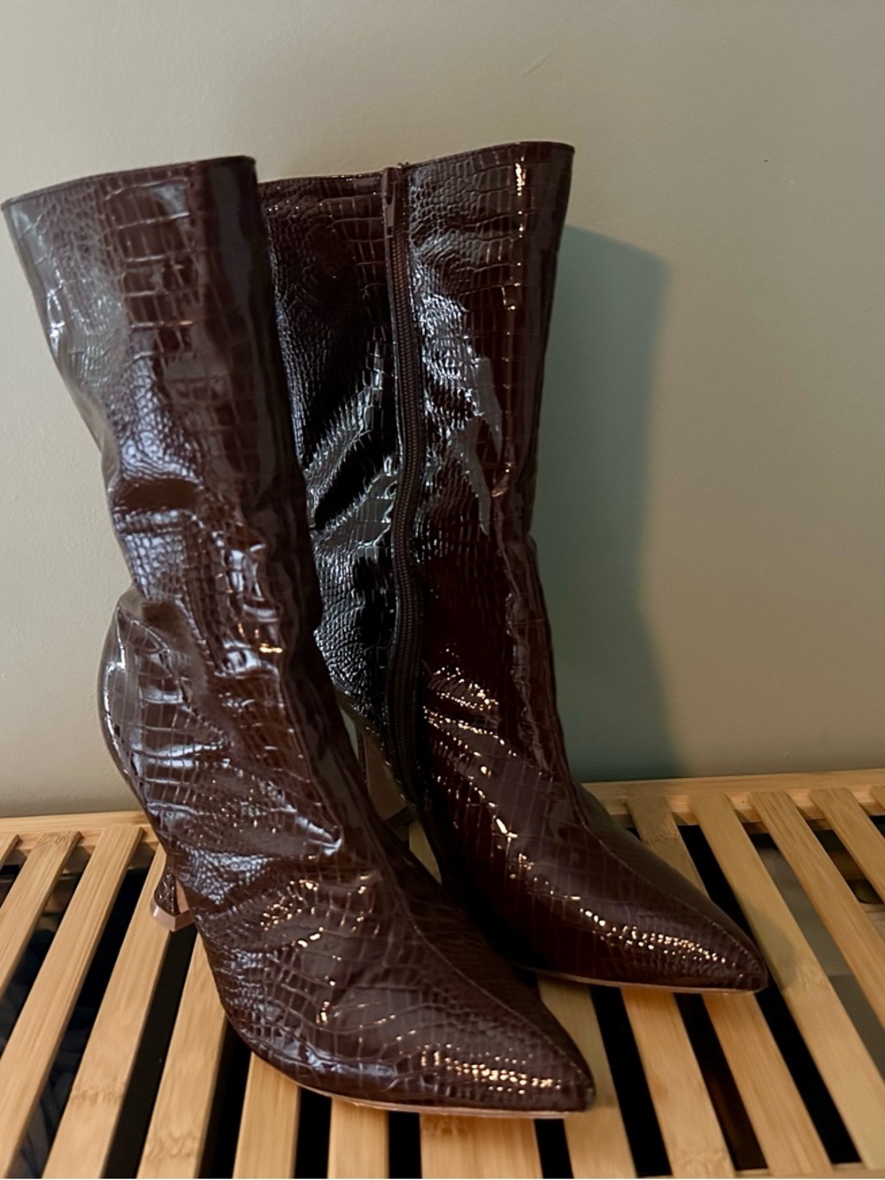 Chase + Chloe Croc-Embossed Pointed Toe Brown Patent Mid-Calf Boots